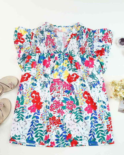 Plus Size Floral Smocked Flutter Sleeve Blouse