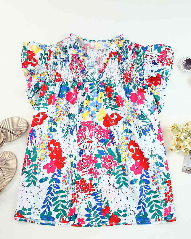 Plus Size Floral Smocked Flutter Sleeve Blouse