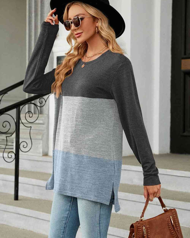 Color Block Round Neck Long Sleeve Slit T-Shirt