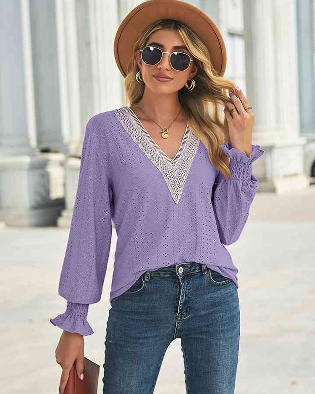 V-Neck Eyelet Flounce Sleeve Blouse