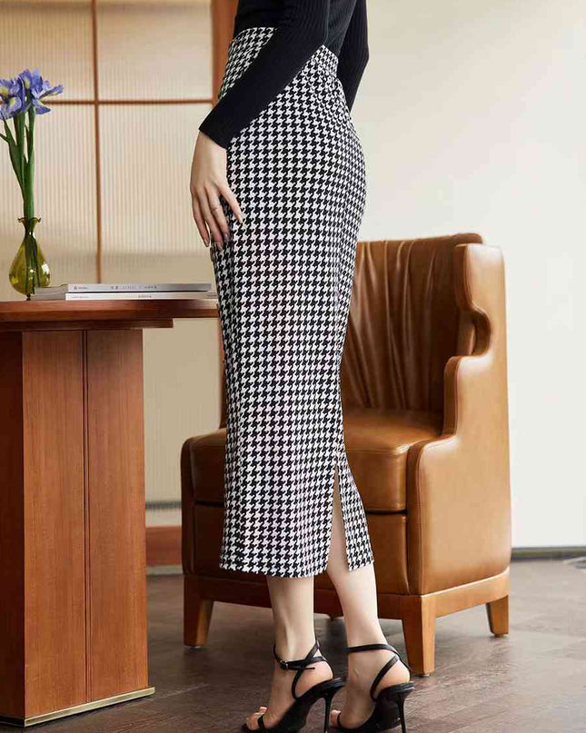 Houndstooth Decorative Button Slit Midi Skirt