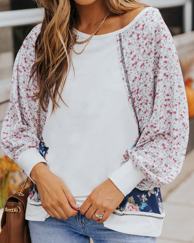 Floral Lantern Sleeve Round Neck Top