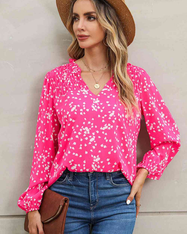 Double Take Printed Notched Neck Smocked Blouse