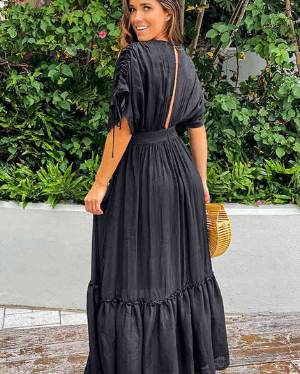 Plunge Neck Tie Sleeve Maxi Dress