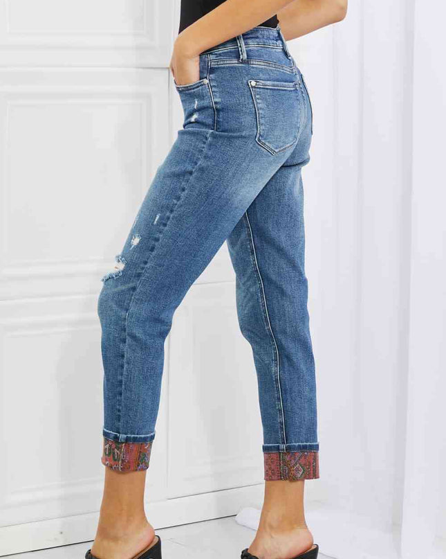 Judy Blue Gina Full Size Mid Rise Paisley Patch Cuff Boyfriend Jeans
