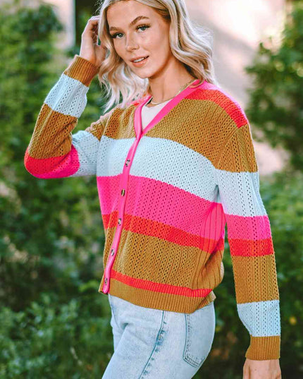 Striped V-Neck Button Up Cardigan