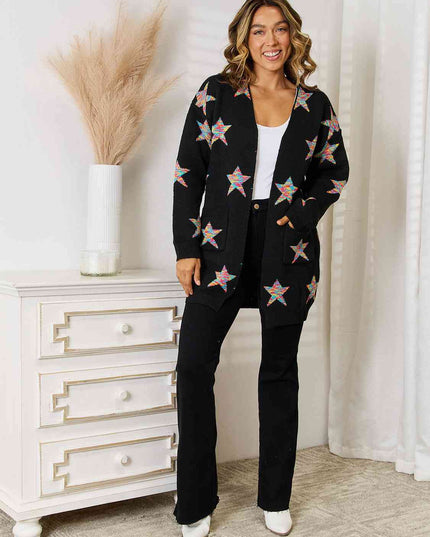 Star Pattern Open Front Cardigan with Pockets