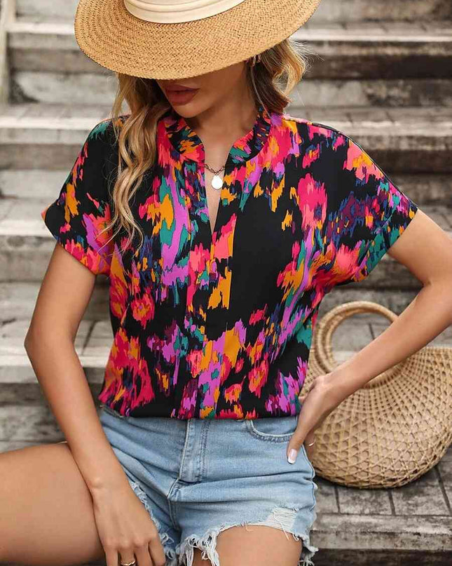 Printed Notched Neck Short Sleeve Blouse