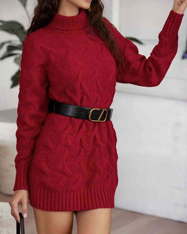 Cable-Knit Turtleneck Sweater Dress