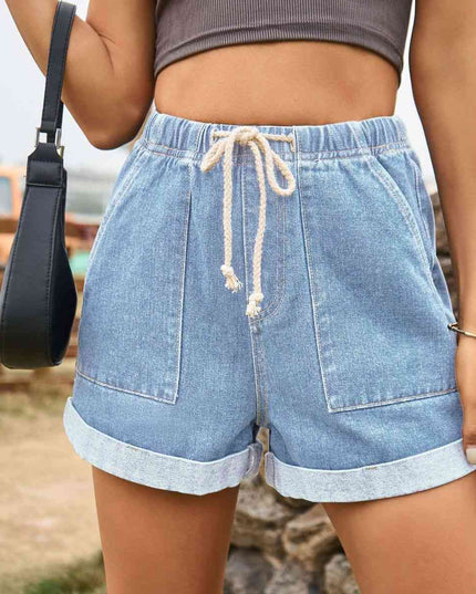 Drawstring High Waist Denim Shorts with Pockets