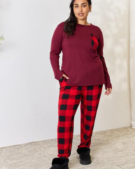 Zenana Full Size Plaid Round Neck Top and Pants Pajama Set