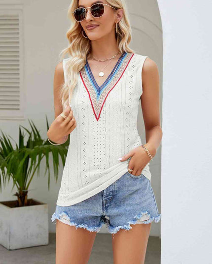 Contrast V-Neck Eyelet Tank