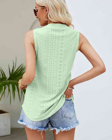 Notched Neck Curved Hem Eyelet Tank