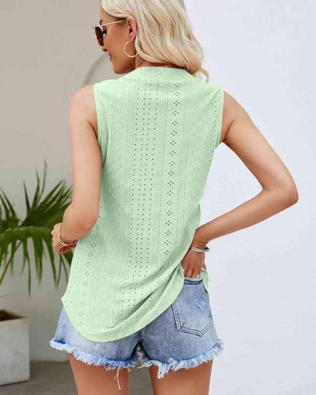 Notched Neck Curved Hem Eyelet Tank