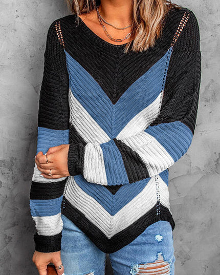 Eyelet Color Block Long Sleeve Sweater
