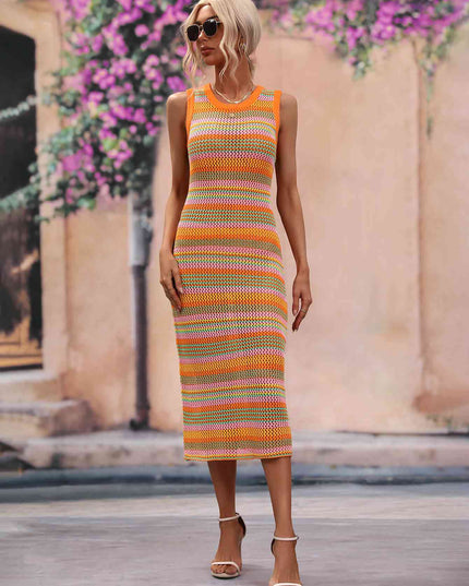 Striped Round Neck Sleeveless Midi Cover Up Dress