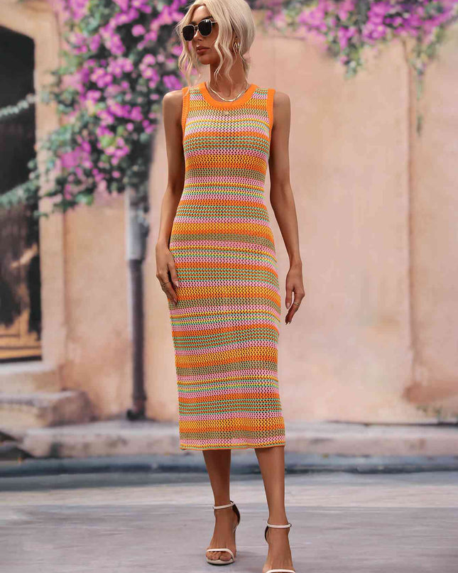 Striped Round Neck Sleeveless Midi Cover Up Dress