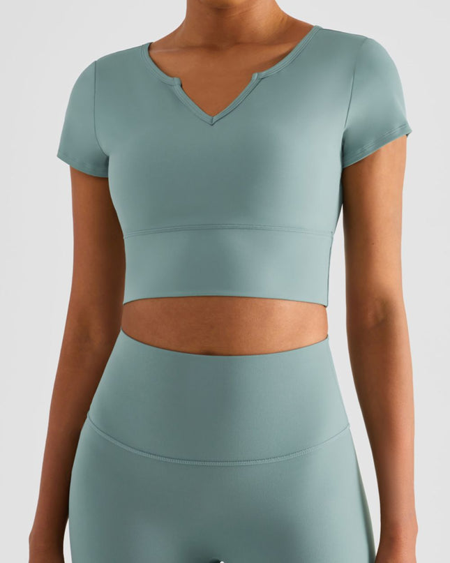 Notched Neck Short Sleeve Cropped Sports Top