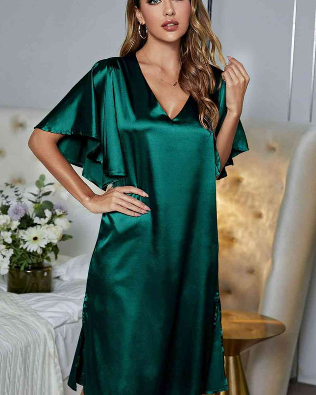Satin Flutter Sleeve Side Slit V-Neck Night Dress