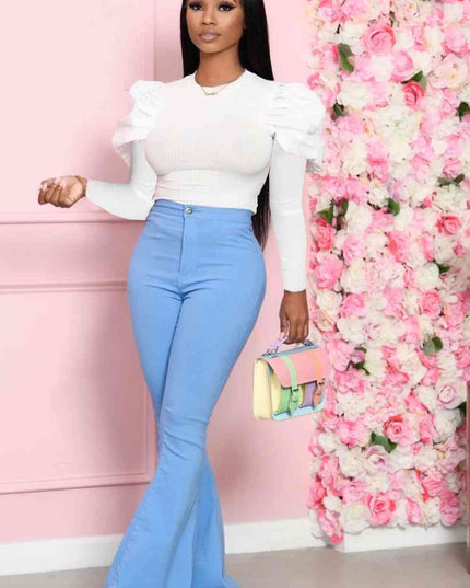 Leg-Of-Mutton Sleeve Top and Flare Pants Set