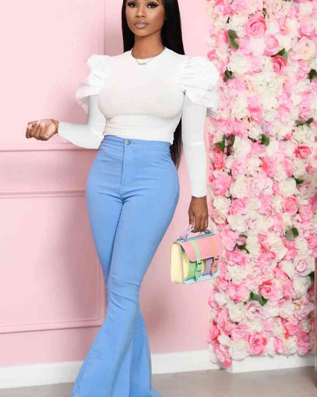 Leg-Of-Mutton Sleeve Top and Flare Pants Set