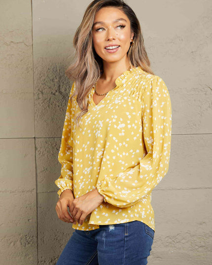 Double Take Printed Notched Neck Smocked Blouse