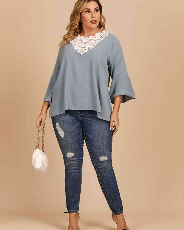 Plus Size Contrast Spliced Lace Three-Quarter Sleeve Blouse