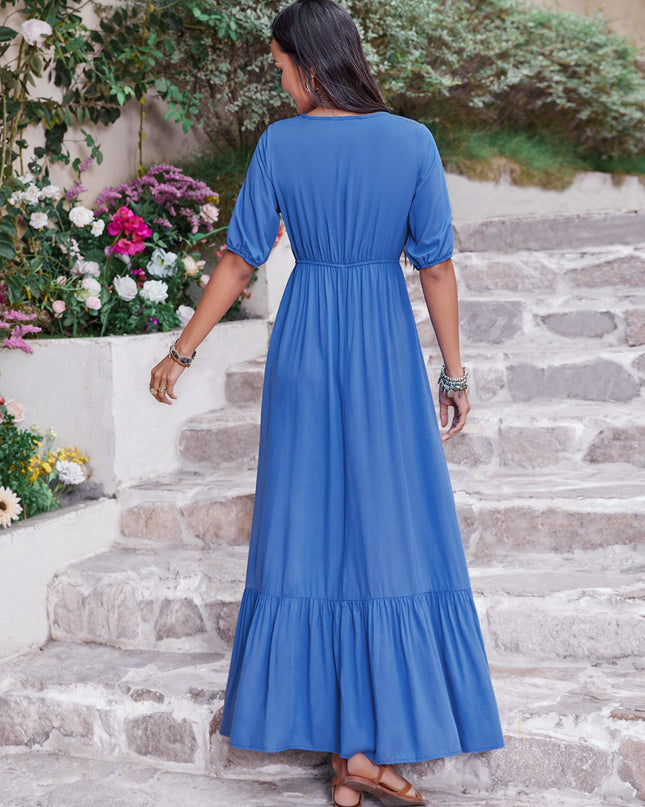 V-Neck Short Sleeve Ruffle Hem Dress