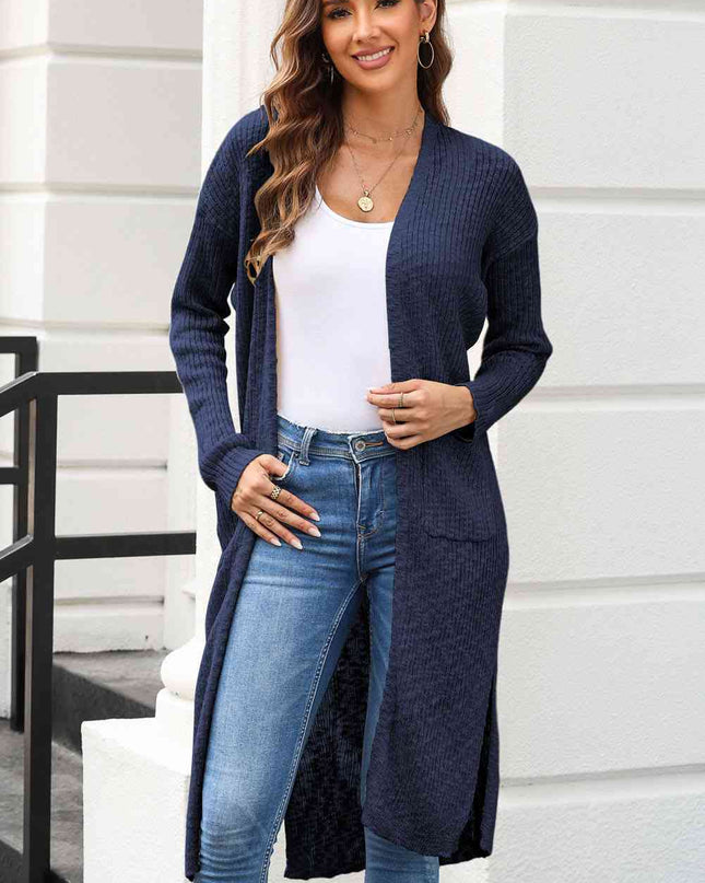 Open Front Slit Cardigan with Pockets