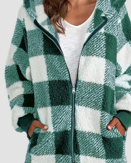 Plaid Zip Up Hooded Jacket with Pockets