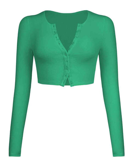 Double Take Button Down Long Sleeve Cropped Top