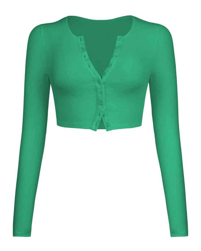 Double Take Button Down Long Sleeve Cropped Top