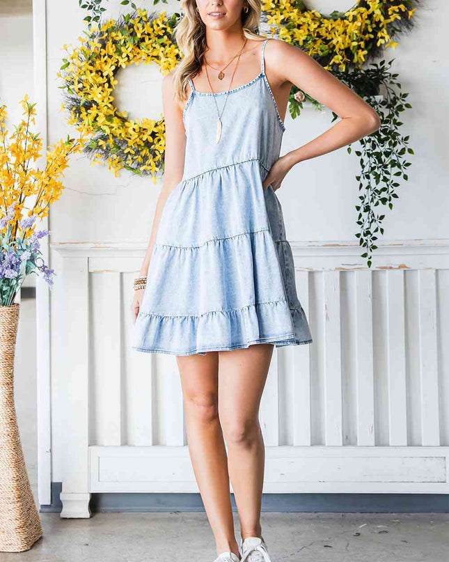 Spaghetti Strap Tiered Denim Dress