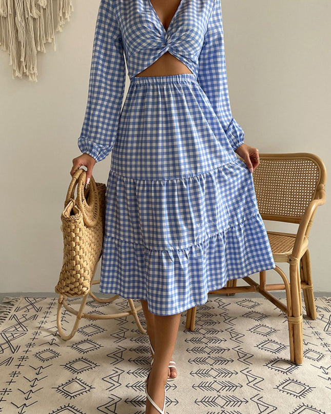 Plaid Cutout Twist Front Midi Dress