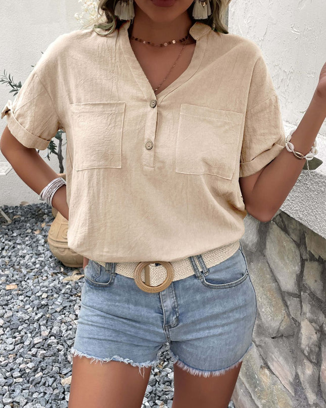 Buttoned Notched Neck Cuffed Sleeve Blouse
