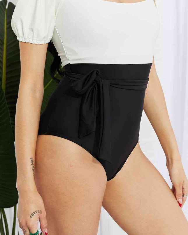 Marina West Swim Salty Air Puff Sleeve One-Piece in Cream/Black