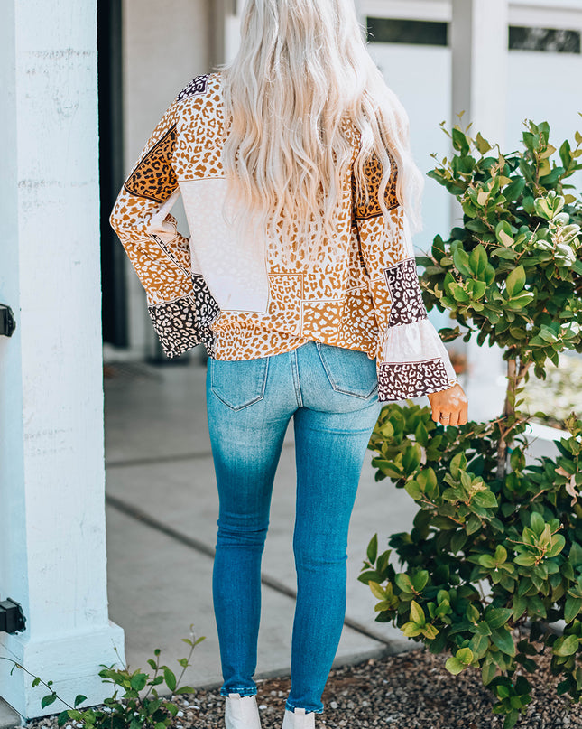 Leopard Patchwork Tied Flare Sleeve Blouse