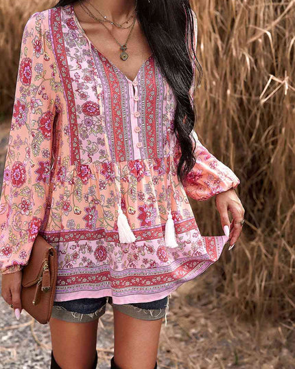 Tassel Tie Long Sleeve Peplum Blouse