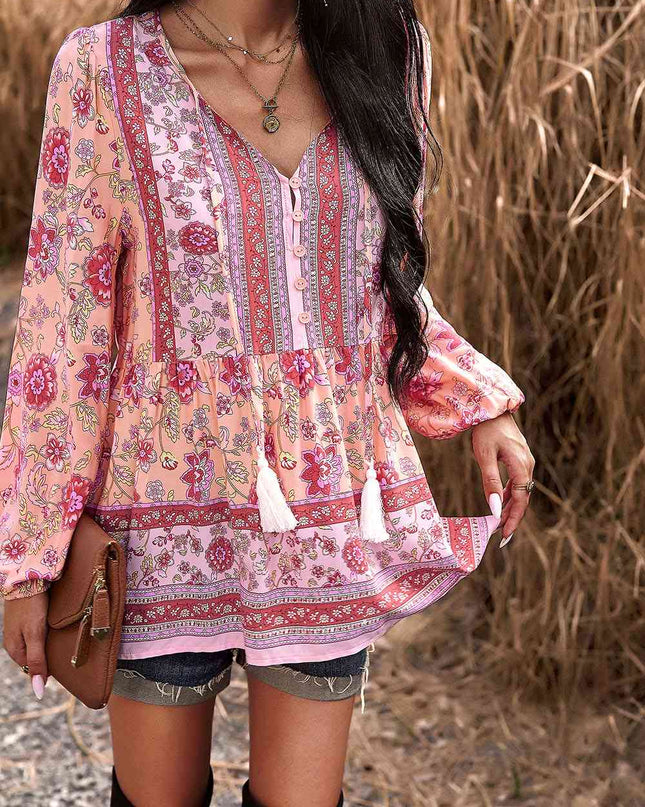 Tassel Tie Long Sleeve Peplum Blouse