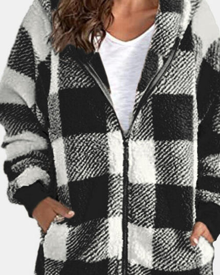 Plaid Zip Up Hooded Jacket with Pockets