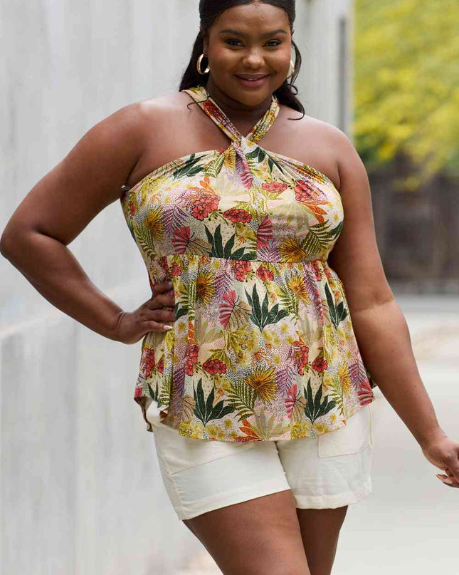 Be Stage Full Size Floral Halter Top in Green