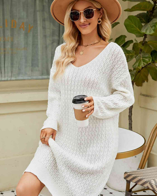 V-Neck Long Sleeve Sweater Dress