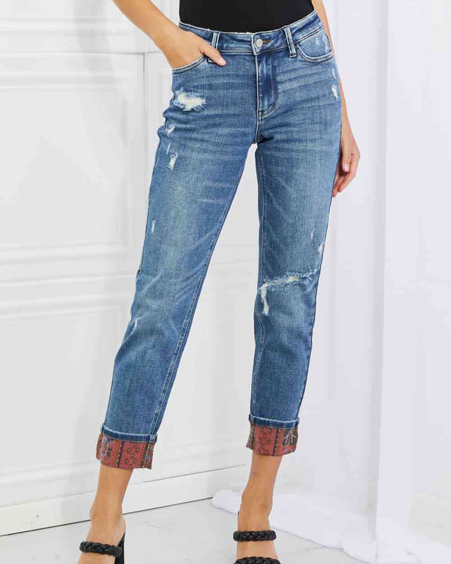 Judy Blue Gina Full Size Mid Rise Paisley Patch Cuff Boyfriend Jeans