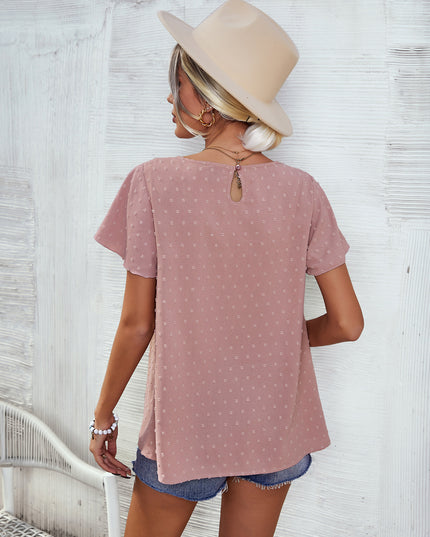Swiss Dot Round Neck Flutter Sleeve Blouse