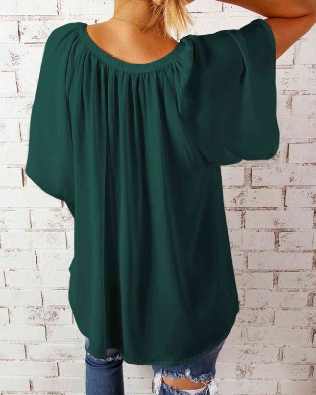 Gathered Detail Notched Neck Flutter Sleeve Top