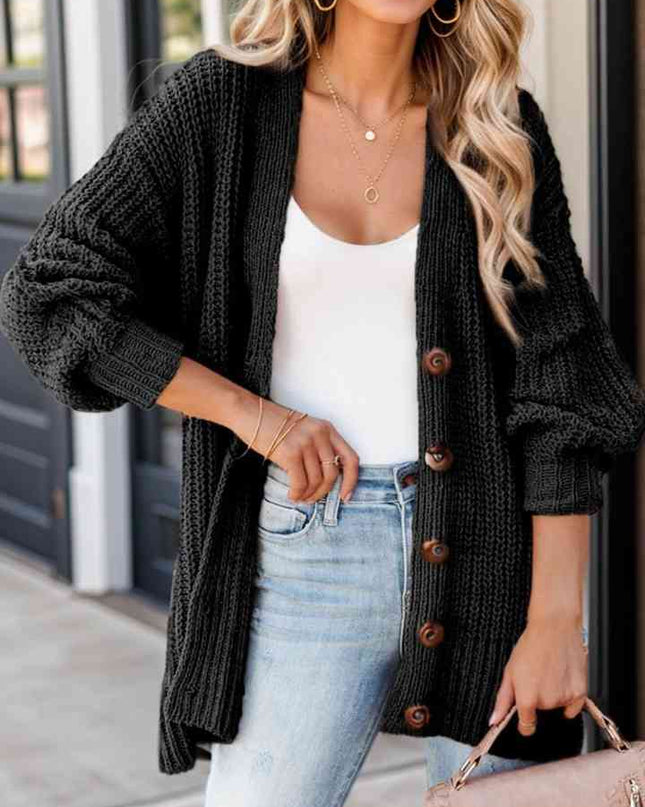 Full Size Button-Up V-Neck Long Sleeve Cardigan