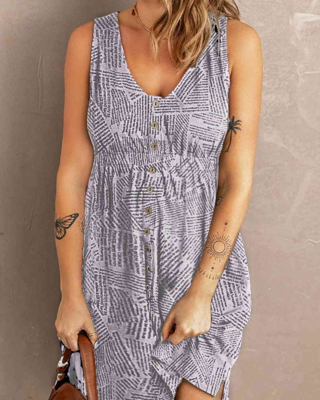 Double Take Printed Scoop Neck Sleeveless Buttoned Magic Dress with Pockets