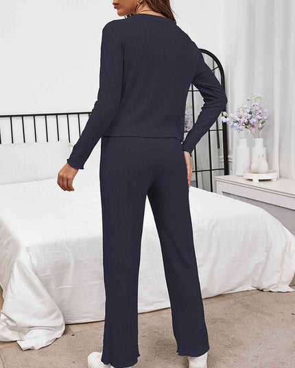 Round Neck Long Sleeve Top and Drawstring Pants Lounge Set