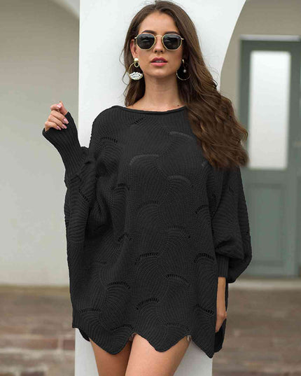 Full Size Boat Neck Lantern Sleeve Openwork Knit Top