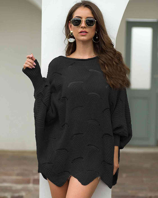 Full Size Boat Neck Lantern Sleeve Openwork Knit Top